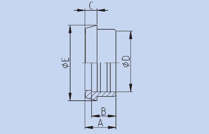 WALSDRAADSTUK DIN 11851 Inch A B C D E Kg 304L 316L 1" 29,0 15,0 7,0 25,6 Rd52x1/6" 0,150 14334004 14338004 1,25" 32,0 18,0 7,0 32,0 Rd58x1/6" 0,170 14334006 14338006 1,5" 33,0 20,0 7,0 38,3