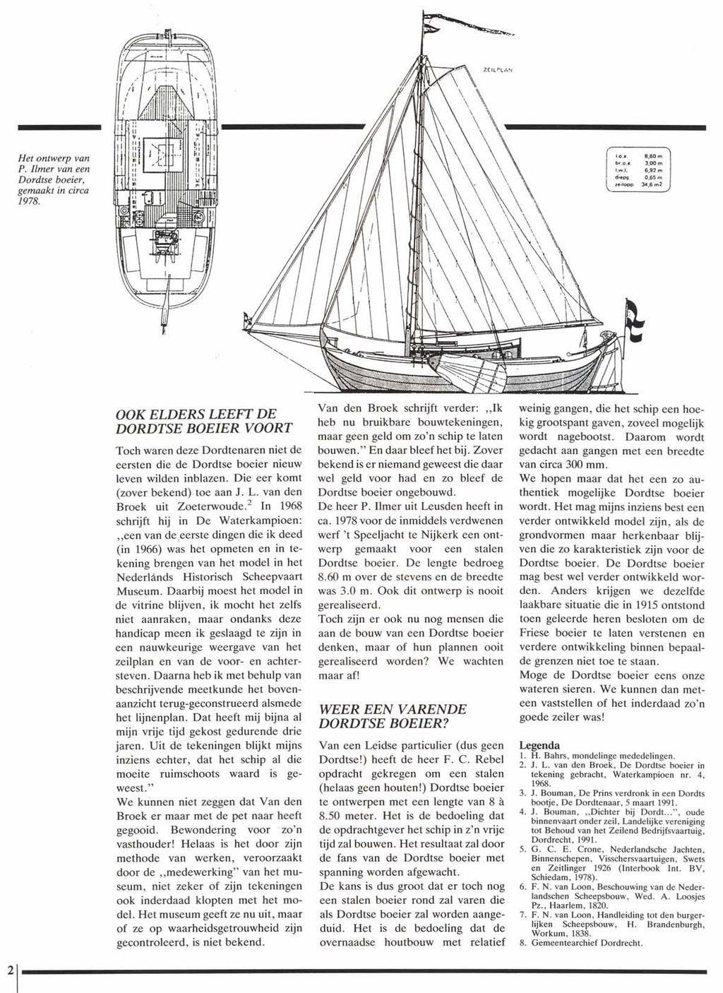 Het ontwerp van P. Ilmer van een Dordtse boeier, gemaakt in circa 1978. I.O.'. 8,60 m be.o.e. 3,00m r.w.r. 6.92m diepg.