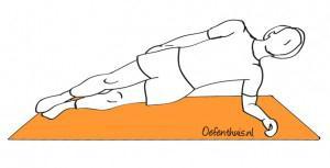 Oefening 12 Doel: de stabiliteit van de lage rug vergroten door het hele lichaam en het bekken in één rechte lijn proberen te houden, waarbij de juiste spieren aangespannen worden. 1. Zijlig 2.