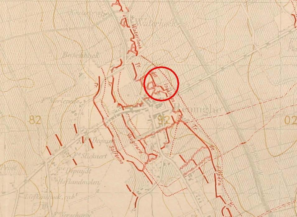 Figuur 9 Belgische loopgravenkaart 28 april 1918 (MRA) 6. Kartering sporen Alle zichtbare relicten werden gedigitaliseerd in geografisch informatiesysteem.