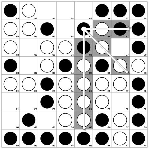Voorbeeld van een zet Bekijk de stand in het linker plaatje: De speler met zwart speelt een zwarte steen op B5. Daarna flippen er een heleboel stenen; de witte stenen zijn zwart geworden en andersom.