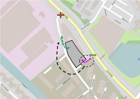 Oranje-Nassaukades enkel wordt ontsloten via het zuidoostelijke kruispunt.