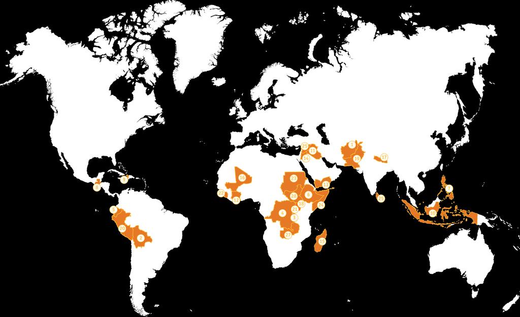 Peru Rwanda Sierra Leone Soedan Somalië Sri Lanka Syrië (via CARE Turkije) Zambia Zuid-Soedan In het Midden-Oosten