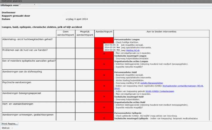 Aan het einde van het gesprek ontvangt de deelnemer de Overzichtsrapportage voor deelnemer. Dit overzicht kan worden geprint of gemaild.