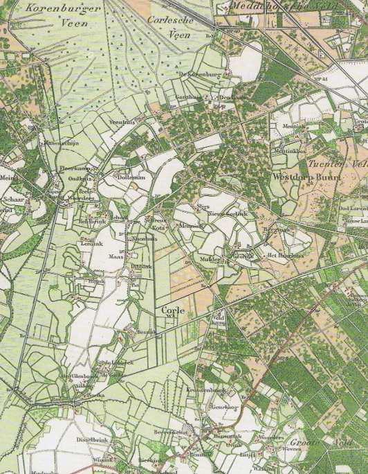 Landschap en natuur op t Mentink e.o. Op onderstaande kaartsnede uit het eind van de 19 e eeuw is het grondgebruik in Corle en Westdorp- Buurt goed zichtbaar. Wit zijn de essen, de akkerlanden.