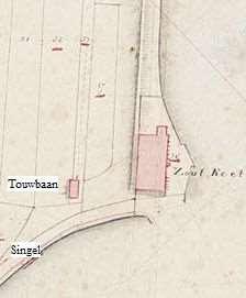 Ingetekend fragment van de kadastrale kaart van 1832. Lijnbaan (touwbaan) en schuur Sectie E nr. 33.