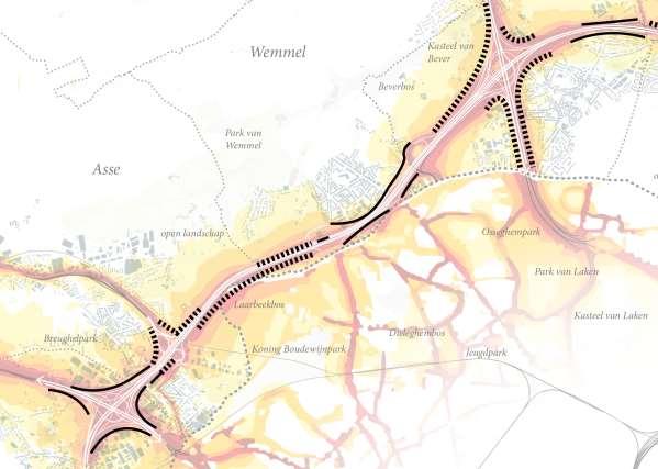 Geluidsoverlast Figuur 34: Zone Wemmel Geluidsoverlast (geopunt) De R0 en de knooppunten zijn de grootste geluidsproducenten (rood) in de omgeving.