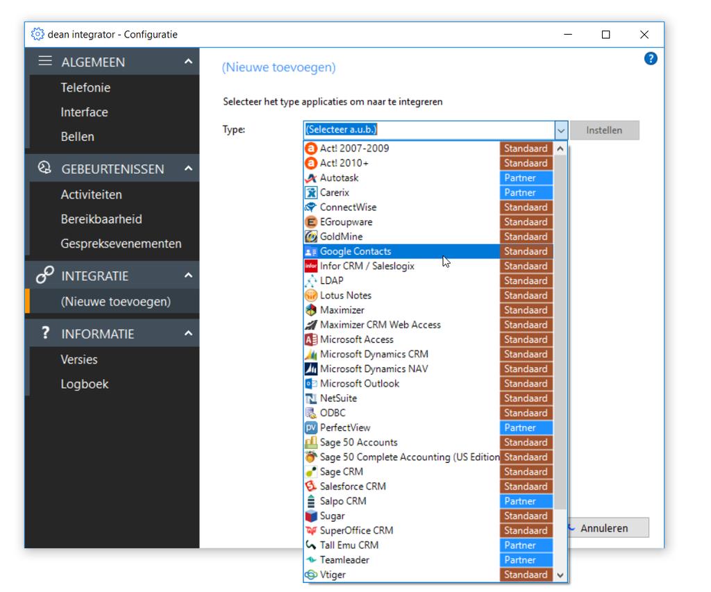 2.3 Integratie met mail of CRM Tenslotte integreert u de dean integrator met uw mail of CRM programma. Onder INTEGRATIE klikt u op (Nieuwe toevoegen).