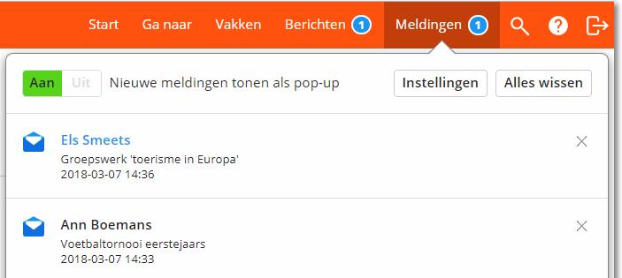 Melding in de browser Wanneer een nieuw item beschikbaar is, zal Smartschool een melding tonen. Alle meldingen worden verzameld in een lijst.