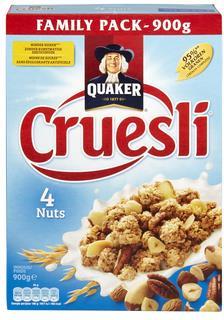 QUAKER CRUESLI 4 NUTS 900GR Krkante muesli met 4 srten nten Ingrediënten: vlkren HAVERMOUT (32%), vlkren TARWE (18%), glucsestrp, znneblemlie (10%), suiker, HAZELNOTEN (4,4%), gersterde AMANDELEN