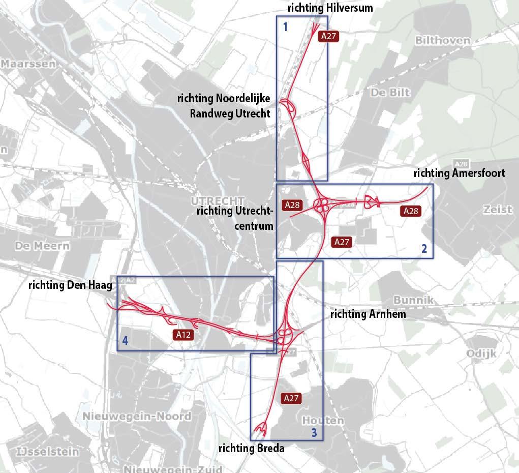 (gemeenten Utrecht en Nieuwegein) Onderstaand zijn de deelgebieden aangegeven: Afbeelding 1-4 Deelgebieden A27/A12 Ring Utrecht Alternatieven Binnen het plangebied worden de volgende alternatieven