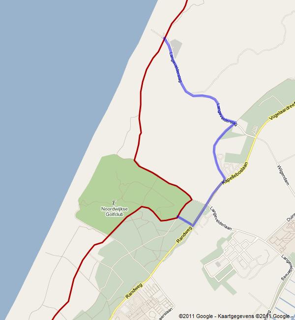 Kaart 1: Alternatieve route Golfbaan Noordwijk om volledig op asfalt te