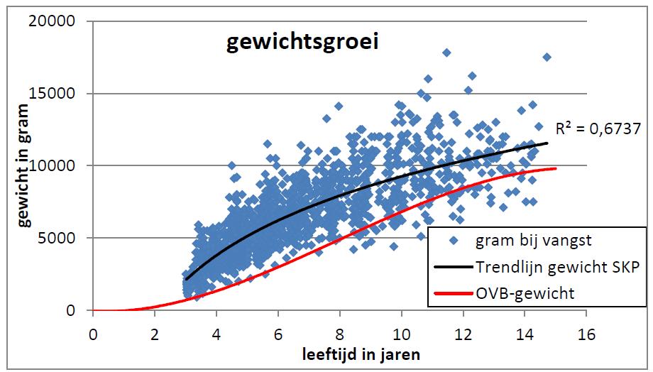 In de evaluatie van SKPen in Nederland in het rapport Spiegelbeelden 2016 zijn de groeigegevens van de projectvissen vergeleken met de groeitabel die de OVB hanteert.