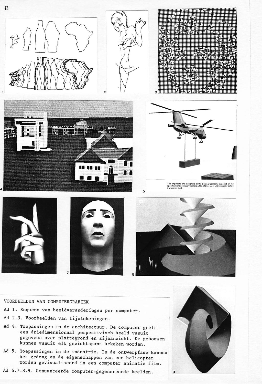 VOORBEELDEN VAN COMPUTERGRAFIEK Ad 1. Sequens van beeldveranderingen per computer. Ad 2.3. Voorbeelden van lijntekeningen. Ad 4. Toepassingen in de architectuur.