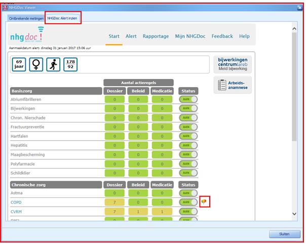2.2 Opvragen ballonnenschema ziektelastmeter COPD U kunt als volgt het ballonnenschema opvragen: - Klik op de NHGDoc knop in de kopregel - Klik op tabblad NHGDoc Alerts inzien - Ga naar het tabblad