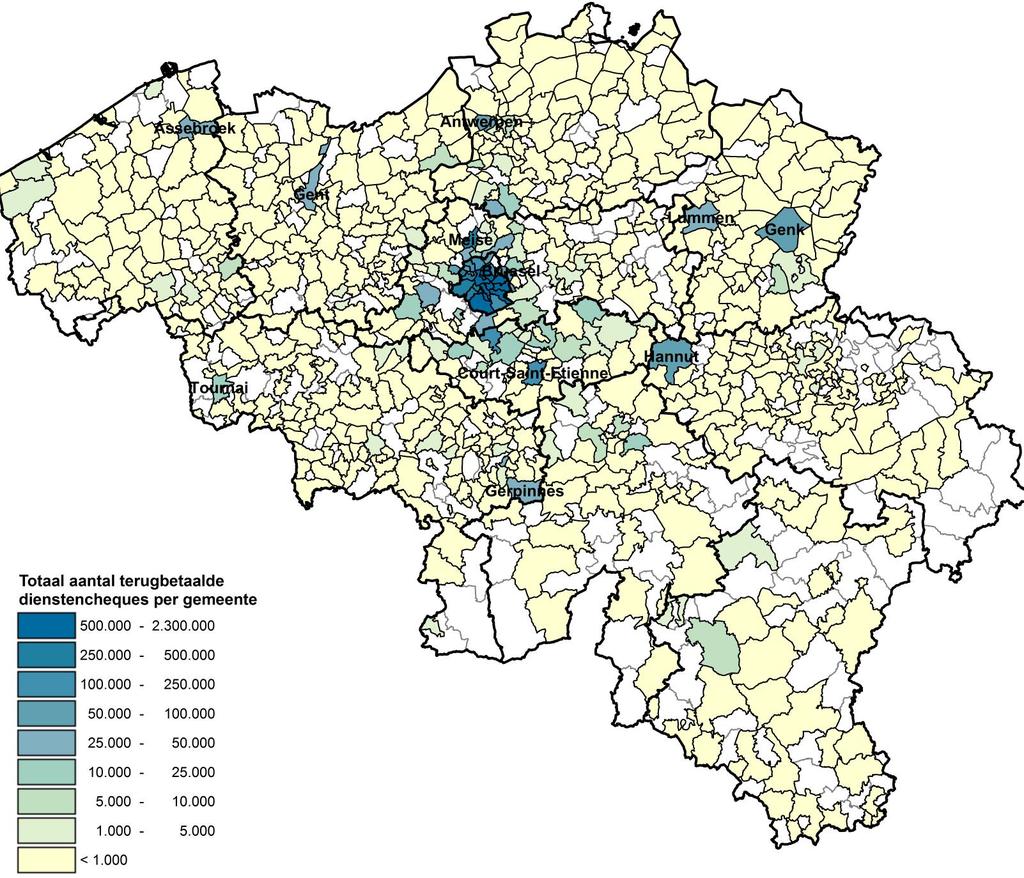 Kaart 1: Het aantal Brusselse dienstencheques terugbetaald aan de ondernemingen, naargelang de locatie van hun