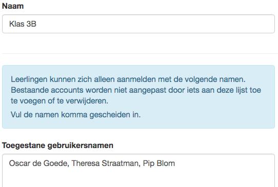 Namen leerlingen invoeren (klik in het menu op 'Klassen') Kies Klas (of maak een nieuwe aan) Als 'registratie door leerlingen is toegestaan' niet is aangevinkt (zie hiervoor), voer hier dan de namen