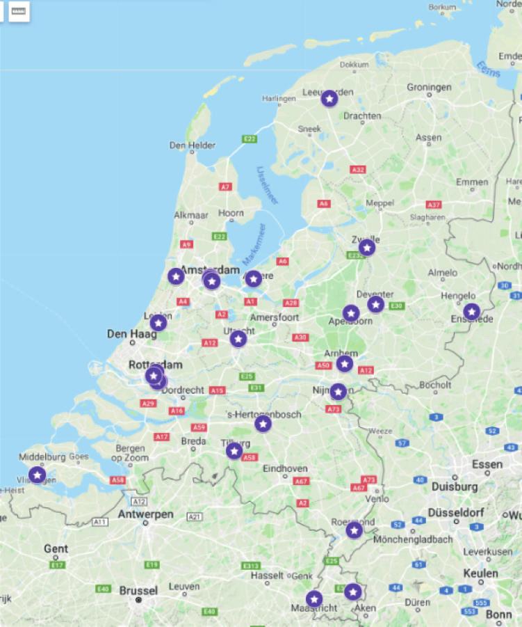 De 24 gebruiksruimten zijn verspreid over Nederland: in negentien gemeenten is een gebruiksruimte operationeel (Figuur 2).