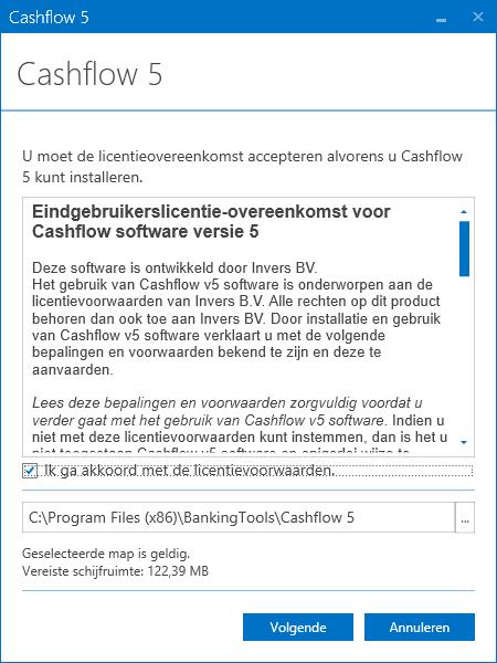 1.2 Installeren Na het starten van setupcashflow5.exe volgt een wizard die u door de installatie begeleidt. Tijdens deze installatie wordt u gevraagd de licentievoorwaarden te accepteren.