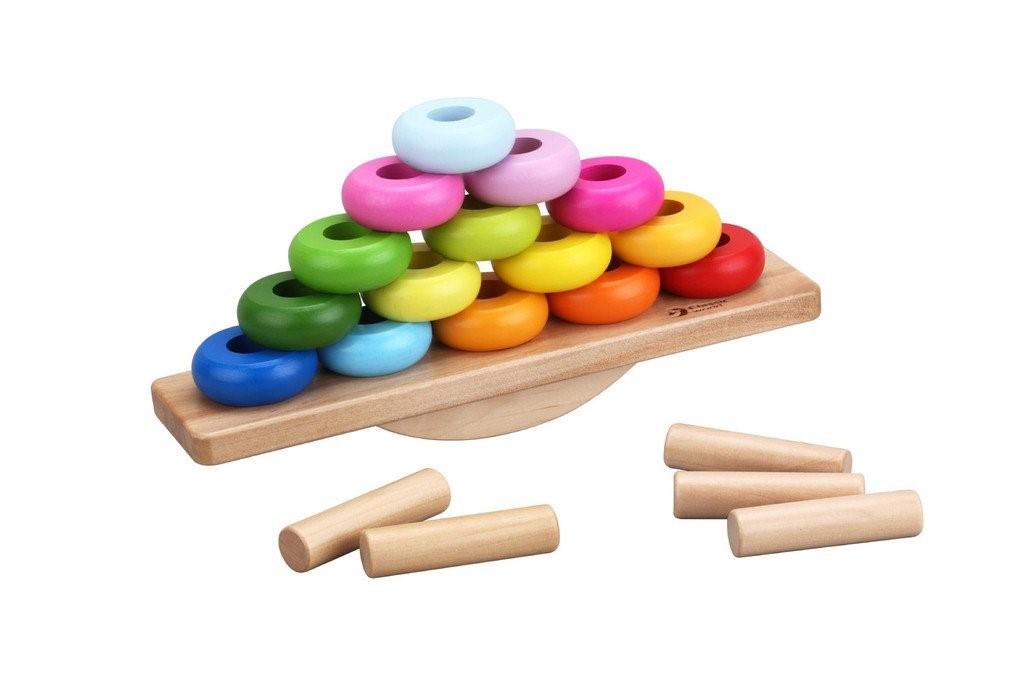 BALANCE STACKING Evenwichtsspelletje met houten evenwichtsbalkje, houten ringen en