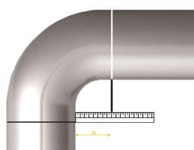 Isolatie van een bocht in twee delen Bepaal de straal van de binnenzijde van de bocht IR door rechte meetlatten loodrecht