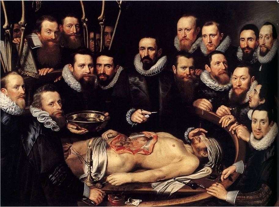 Afb. 2. Anatomische les van Dr. Willem van der Meer. Jacob Vallensis linksonder die een boekje van Galenus in de hand houdt, 12 door Michiel en Pieter van Mierevelt, 1617, doek, 144 x 198 cm.