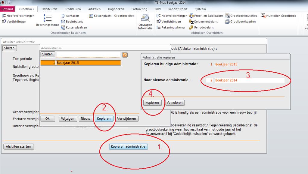 Kopiëren administratie : Klik op Knop kopiëren (1.) in het scherm van Afsluiten administratie: het scherm administraties verschijnt.