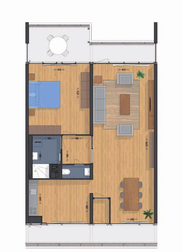 Optie 2: 1-slaapkamer doorzonwoning (meerprijs ten opzichte van minimale variant 17,- per maand) In deze woning wordt de slaapkamer aan de galerijzijde en de tweede hal bij de woonkamer gevoegd,