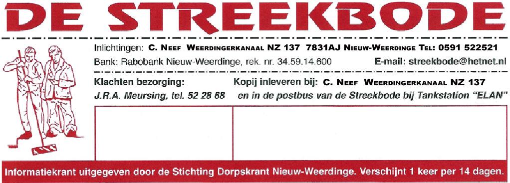 Inlichtingen: C. Neef Weerdingerkanaal NZ 137 7831 AJ Nieuw Weerdinge Tel: 52 2 521 Bank: Rabobank Nieuw Weerdinge Rek.nr 34.59.14.600 E-mail: streekbode@hetnet.