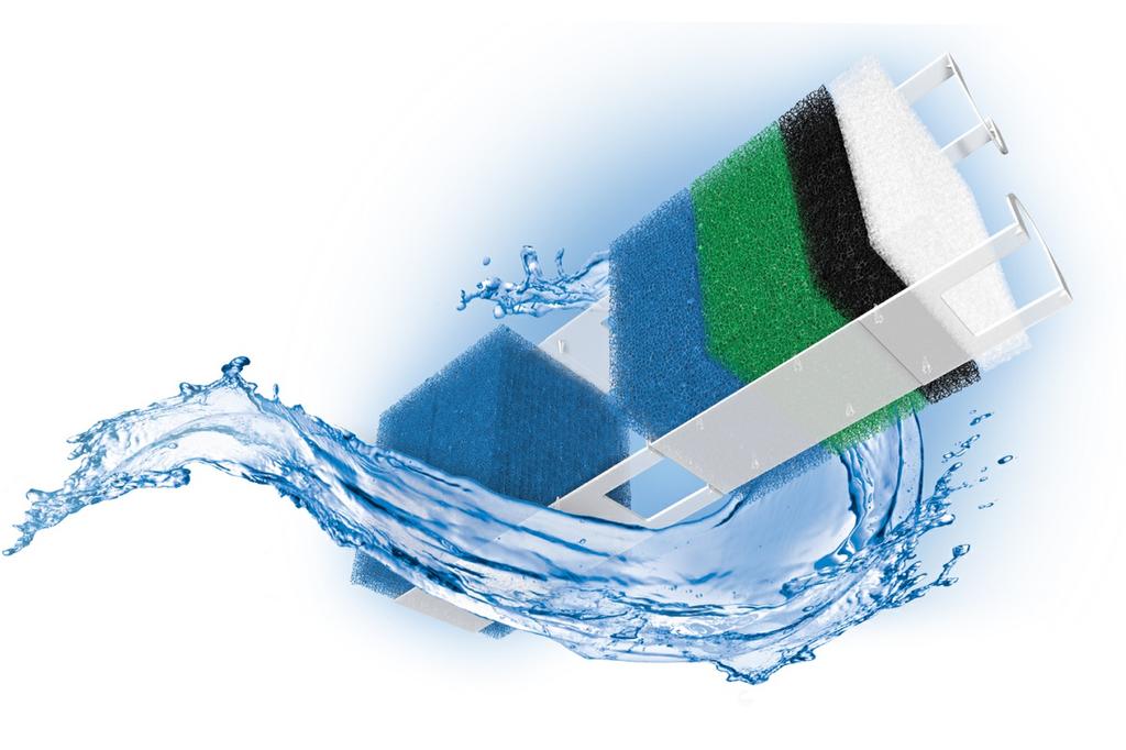 Het JUWEL filter Bioflow ONE bestaat uit: - Pomp - Filterhuis met bakje voor de thermostaatverwarmer (op aanvraag verkrijgbaar) - 2 Blauwe filtersponzen fijn - bioplus fine ONE - 4 Zuignappen -