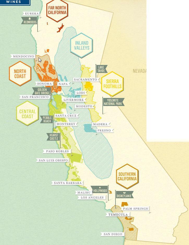 6. Ligging en streek De Zinfandel kunnen we vooral terugvinden in Californië. Vandaar dat ik hier een overzicht geef van al de Californische wijnregio s waar de Zin gecultiveerd wordt.