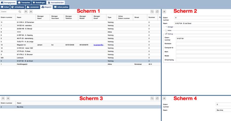 Onderdeel 1.4 Stamgegevens -> Magazijn In het tabblad Magazijn kunnen magazijnen of voertuigen ingevoerd, gemuteerd en verwijderd worden. Het tabblad magazijn bestaat uit 4 schermonderdelen.