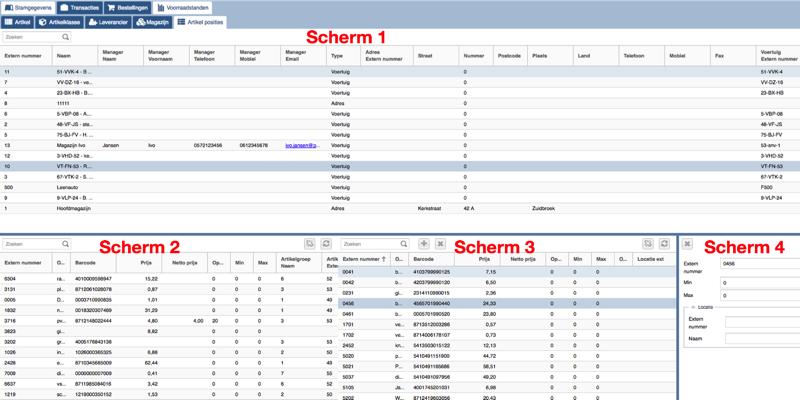 Onderdeel 1.5 Stamgegevens -> Artikel Posities In het tabblad Artikel Posities kunnen artikelen aan magazijnen gekoppeld worden. Het tabblad magazijn bestaat uit 4 schermonderdelen.
