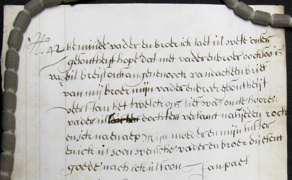 Kinderbriefje van Jan Pael (1671) Die brieven kunnen dus toegang geven tot het taalgebruik van briefschrijvers uit diverse sociale klassen.