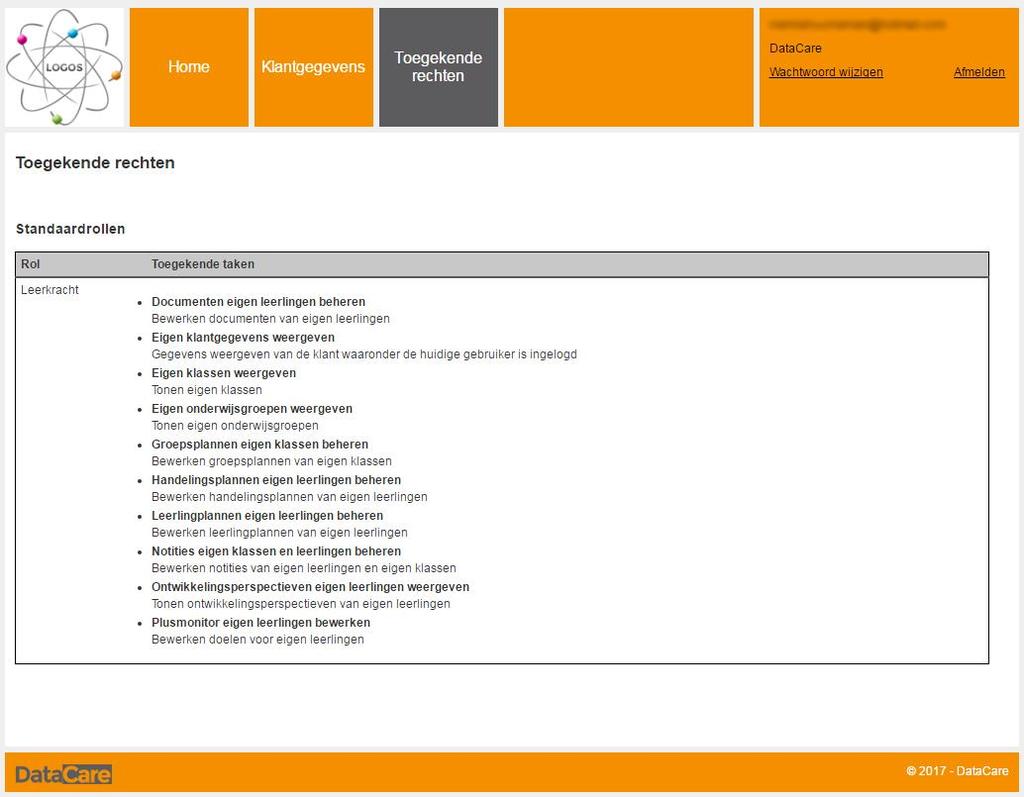 1.4 Toegekende rechten In het scherm Toegekende rechten vindt u de rol(len) waar u aan gekoppeld bent en kunt u zien