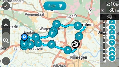 Navigeren naar een tussenstop op een opgeslagen route Je kunt navigeren naar een tussenstop op je opgeslagen route vanaf je huidige locatie in plaats van vanaf het begin van de opgeslagen route.