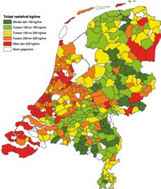 Op weg naar minder restafval De hoeveelheid restafval per inwoner daalt. De inspanningen van gemeenten worden beloond met goed resultaat; Nederland kleurt steeds groener.