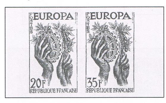 Gonzague gekozen : contouren van de vlag van de Europese beweging in de steigers Zo verschenen op 15 september 1956 in de zes E.G. lidstaten ( België,Duitse Bondsrepubliek, Frankrijk, Italië, Luxemburg en Nederland) de eerste Europazegels.