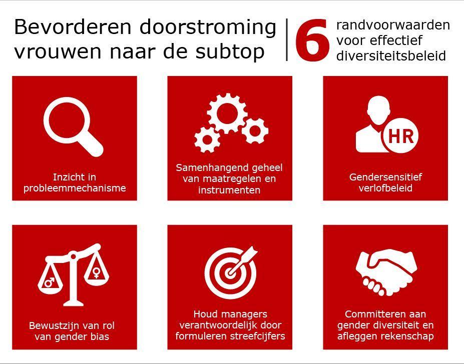 6.2 Aanbevelingen voor organisaties: 6 randvoorwaarden voor een effectieve aanpak Daar waar de doorstroming van vrouwen naar de subtop hapert, moeten organisaties actief diversiteitsbeleid voeren,