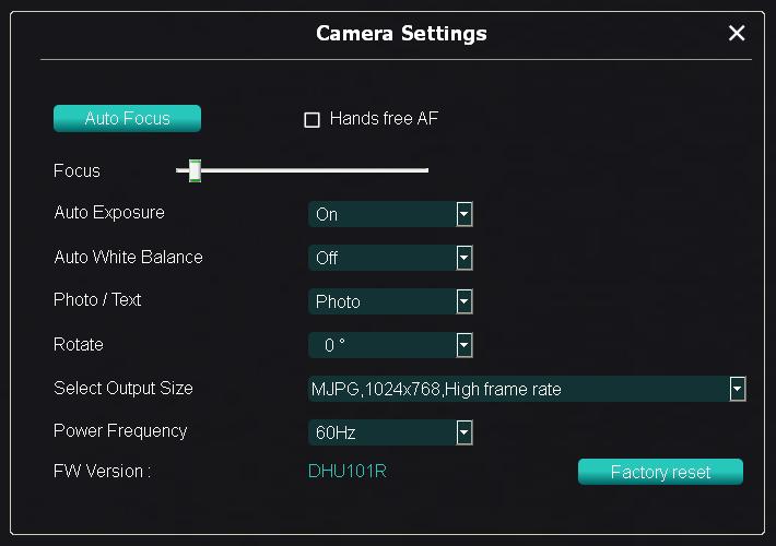6.2.4 Camera instellingen Regelt het livebeeld via de Camera instellingen interface. De bedieningsprocedure is hetzelfde als van het controlepaneel en afstandsbediening van de Document camera.