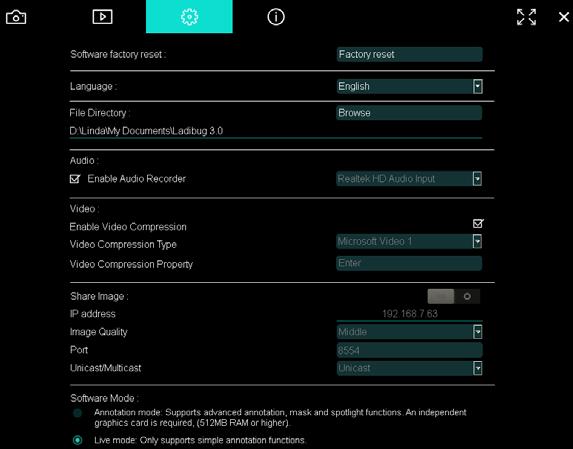 6.2.7 Instelling (Geavanceerd) Klik op om het instelmenu te openen 1. Software fabriek standaard instellingen: Terugzetten naar de standaardwaarde. 2. Taal: Taal selecteren. 3.