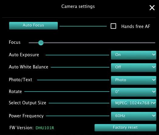 6.3.4 Camera instellingen Regelt het livebeeld via de Camera instellingen interface. De bedieningsprocedure is hetzelfde als van het controlepaneel en afstandsbediening van de Document camera.