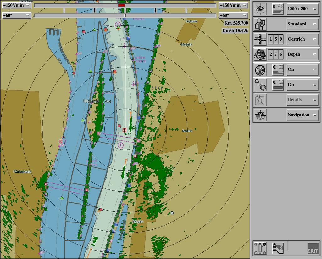 - 76-3.2 Navigatiemodus Onder het begrip Navigatiemodus wordt het gebruik van Inland ECDIS bij het sturen van het schip met geïntegreerd radarbeeld begrepen.