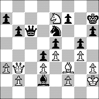 Wit: Wouter Smeets Zwart: Coen Oosse Locatie: Buggenum, clubkampioenschap 1.Pf3 d5 2.g3 Pf6 3.Lg2 c5 4.d3 Pc6 5.0 0 Lg4 6.Pbd2 e6 7.Te1 Le7 8.c3 h6 9.Dc2 Tc8 10.e4 d4 11.h3 Lxf3 12.Pxf3 g5 13.
