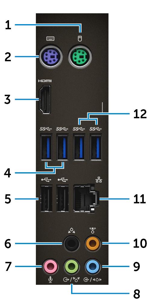 Achterpaneel 1 PS/2-poort (muis) Sluit een PS/2-muis aan. 2 PS/2-poort (toetsenbord) Sluit een PS/2-toetsenbord aan.