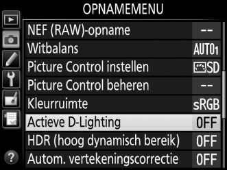 Om Actieve D-Lighting te gebruiken: 1 Selecteer Actieve D-Lighting in het opnamemenu. Druk op de G-knop om de menu s weer te geven. Markeer Actieve D-Lighting in het opnamemenu en druk op 2.
