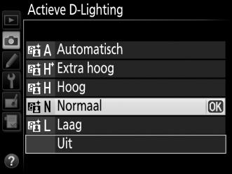 Als Y Automatisch is geselecteerd, zal de camera automatisch Actieve D-Lighting aanpassen overeenkomstig de opnameomstandigheden (merk echter op dat de effecten mogelijk niet zichtbaar zijn in de