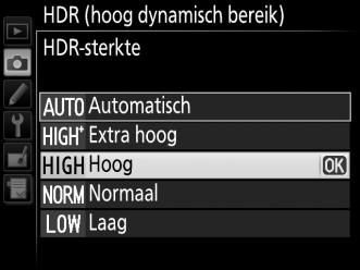 3 Kies de HDR-sterkte. Markeer HDR-sterkte en druk op 2 om het verschil in belichting tussen de twee opnamen (HDR-sterkte) te kiezen.