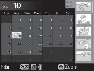 Kalenderweergave Om afbeeldingen te bekijken die op een geselecteerde datum zijn gemaakt, druk op de W (S)-knop wanneer 72 afbeeldingen worden weergegeven.