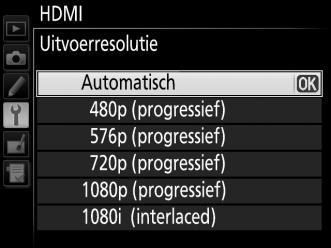 HDMI-opties De HDMI-optie in het setup-menu (0 261) bedient de outputresolutie en kan worden gebruikt om de camera op afstand te bedienen met apparaten die HDMI-CEC (High-Definition Multimedia